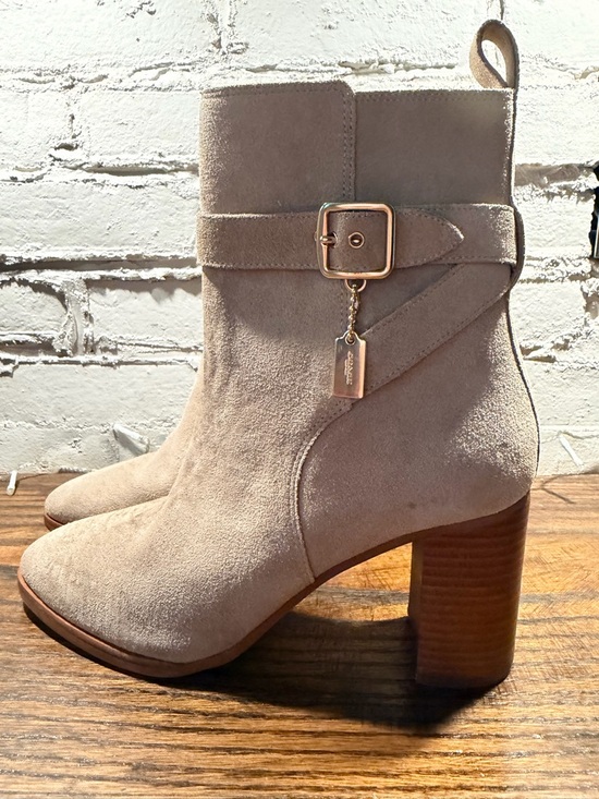 Coach Shoes - Coach Taupe Suede Ankle Booties with Buckle Charm